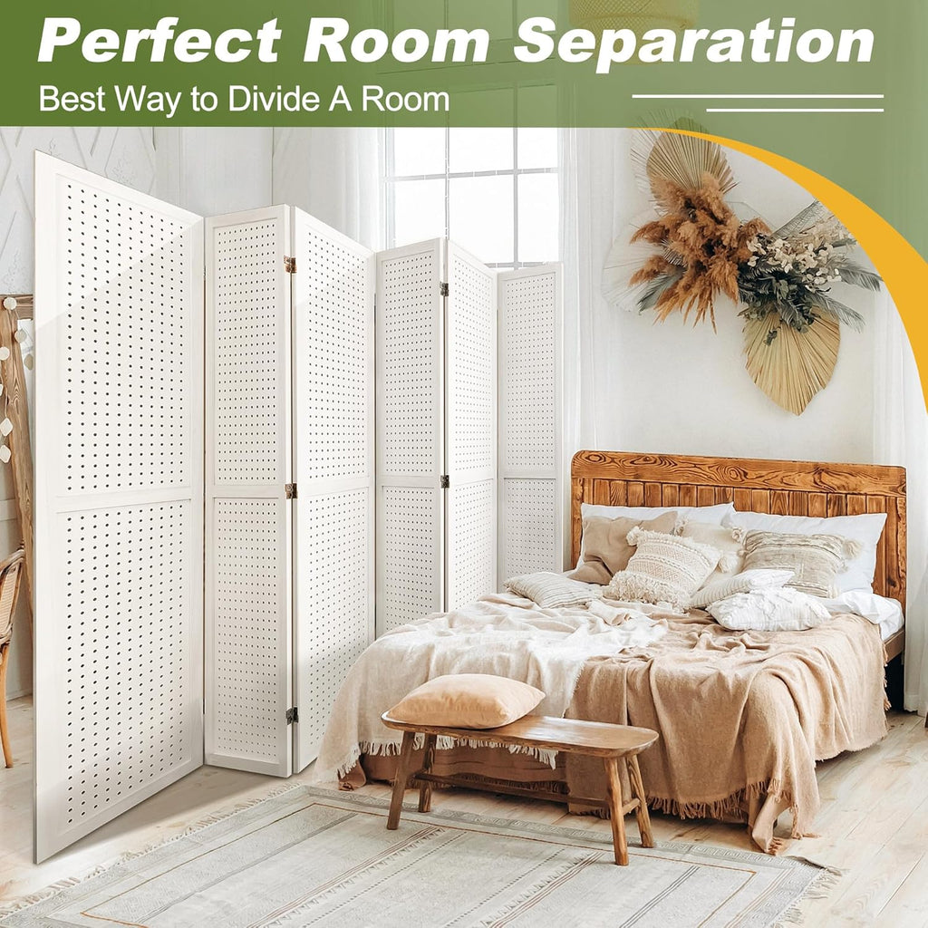 NicBex Room Divider 6 Panel Pegboard Display 5.6FT Wood PegBoard Room Dividers, Folding Privacy Screens Portable Display Board Wall Divider for Craft/Art Shows, Room Separation, White