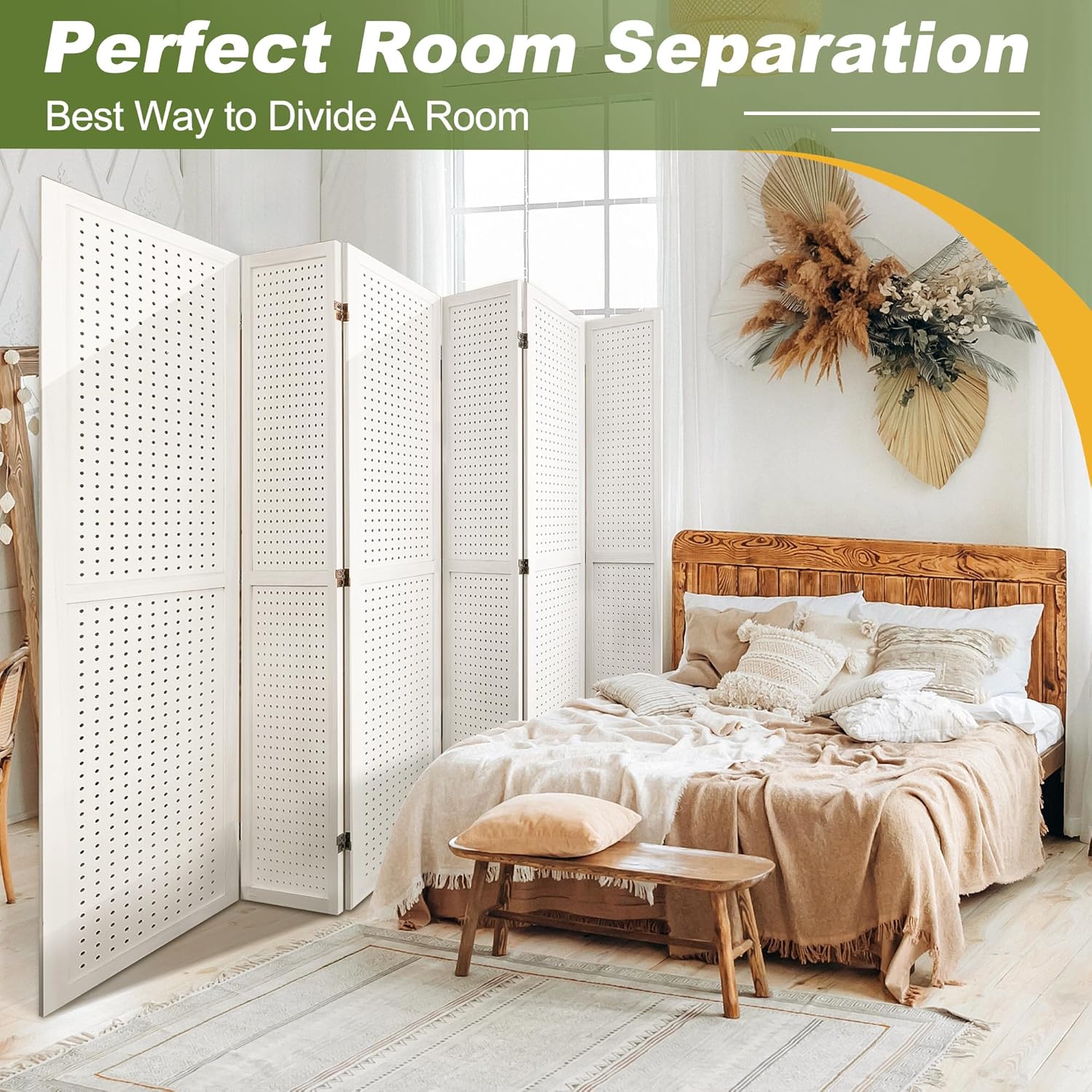 NicBex Room Divider 6 Panel Pegboard Display 5.6FT Wood PegBoard Room Dividers, Folding Privacy Screens Portable Display Board Wall Divider for Craft/Art Shows, Room Separation, White