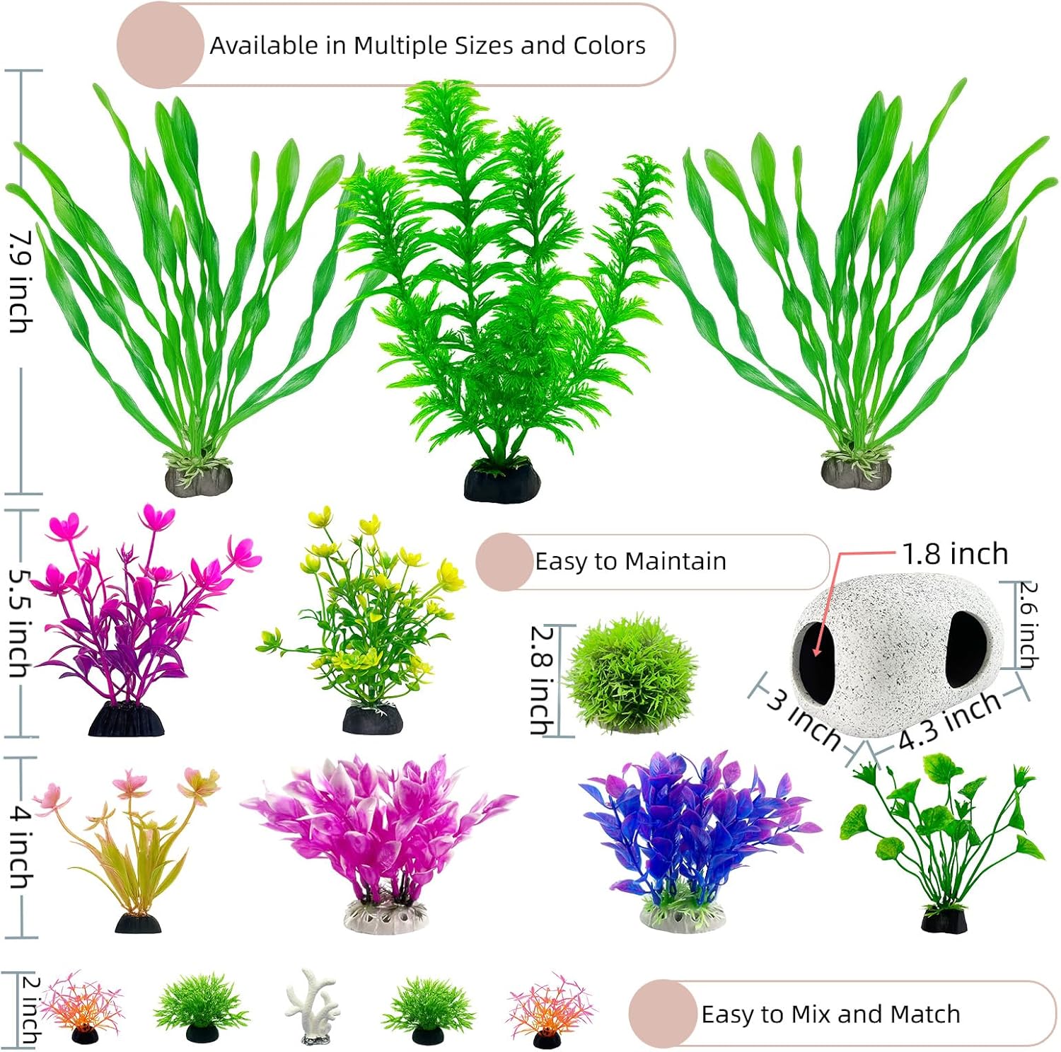 Aquarium Decorations Set, 16Pieces Artificial Plastic Plants & Smooth Fish Cave Rock, Non-Damaging Ornaments for Fish Tank with Gift Box Packaging, Goldfish & Betta Fish Tank Accessories