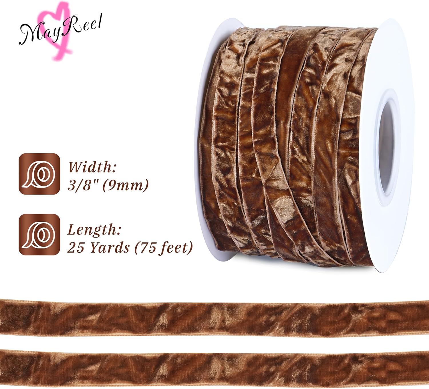 MAYREEL 3/8 Inch Brown Crushed Velvet Ribbon Mahogany Vintage for Flower Bouquets Wedding Invitations Crafts Gift Wrapping Christmas Decorations Party 25 Yards