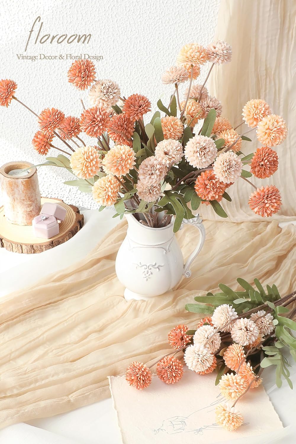 Floroom 9pcs Burnt Orange Peach Mix Faux Silk Mums Artificial Flowers, Bulk Fake Small Mini Chrysanthemums with Stems for DIY Wedding Centerpieces Floral Arrangements Vase Fillers Home Decorations