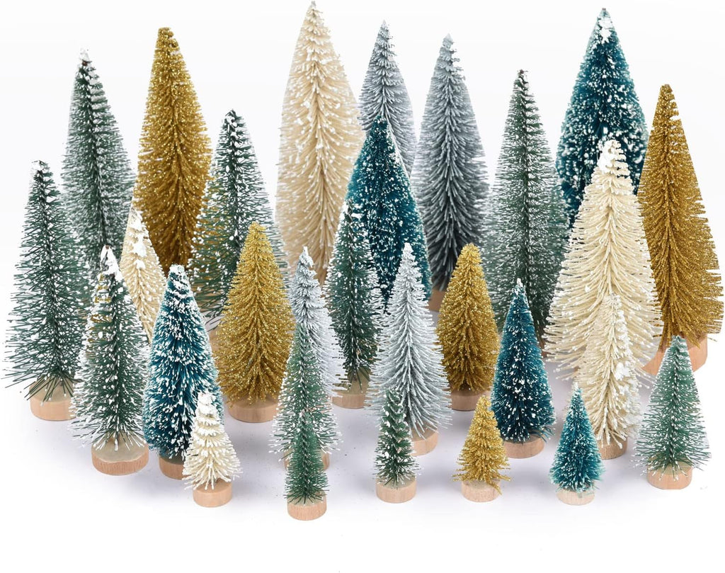 DearHouse 30PCS Artificial Mini Christmas Trees, Mini Pine Tree Sisal Trees with Wood Base Bottle Brush Trees for Christmas Table Top Decor Winter Crafts Ornaments (Gold, 30)
