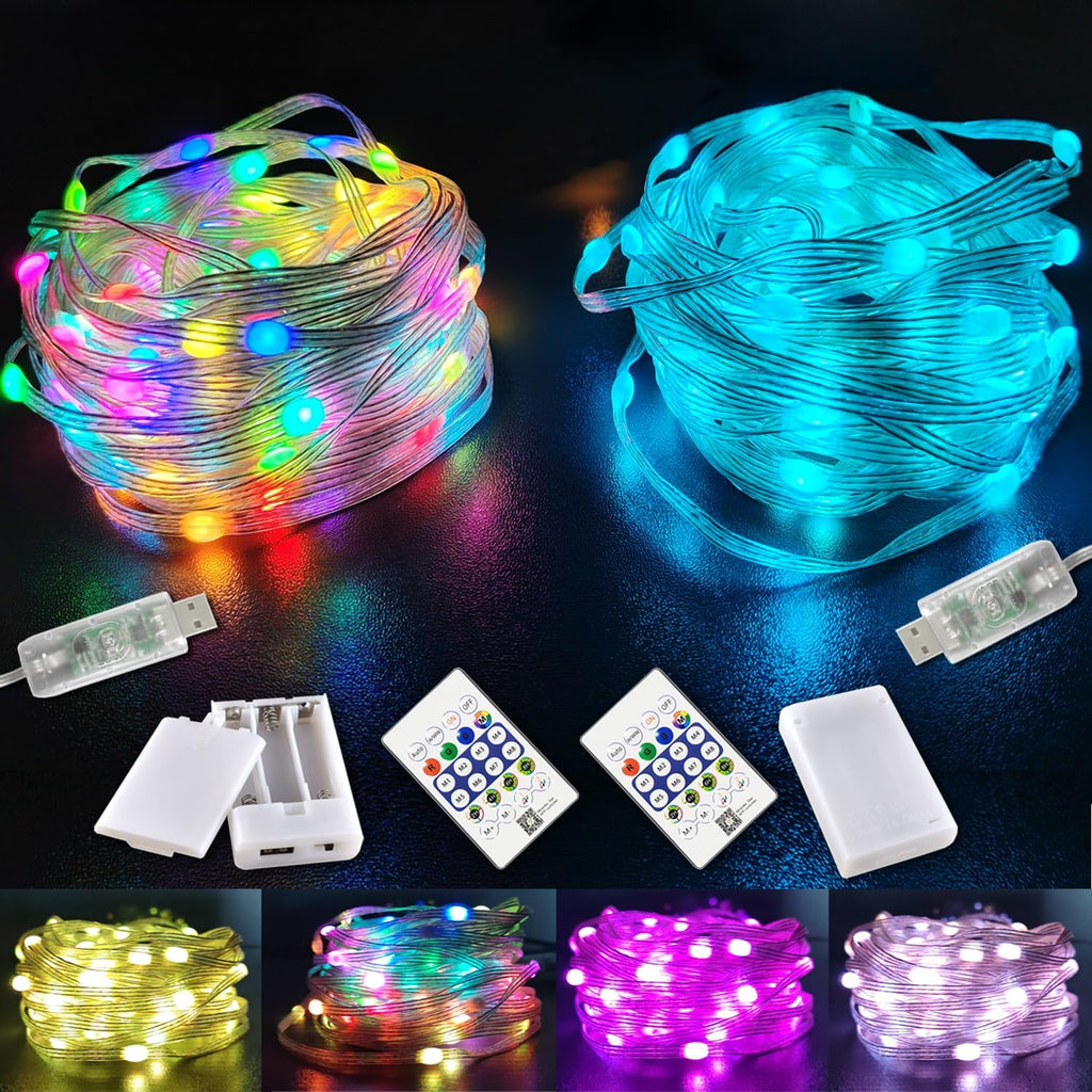 2 Pack RGB Fairy Lights, 32.8FT Total Color Changing Fairy Lights with Remote Control, USB Powered String Lights for Bedroom, Party, Christmas Decor