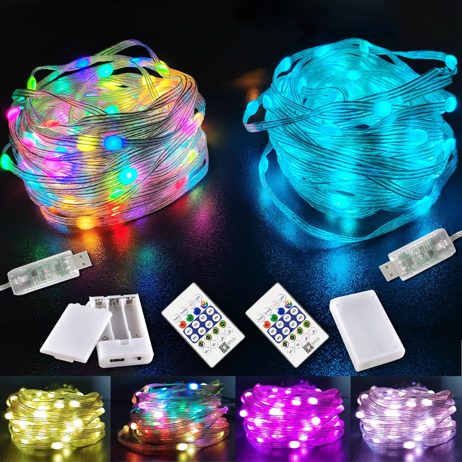 2 Pack RGB Fairy Lights, 32.8FT Total Color Changing Fairy Lights with Remote Control, USB Powered String Lights for Bedroom, Party, Christmas Decor
