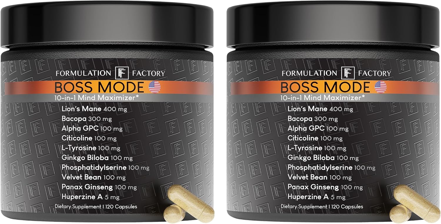 Formulation Factory BOSS Mode 10-in-1 Nootropic Cognitive Enhancement Supplement, Focus & Memory Booster, Featuring Lion’s Mane, Bacopa Monnieri, Alpha-GPC, Ginseng & More 240 Capsules (2 Pack)
