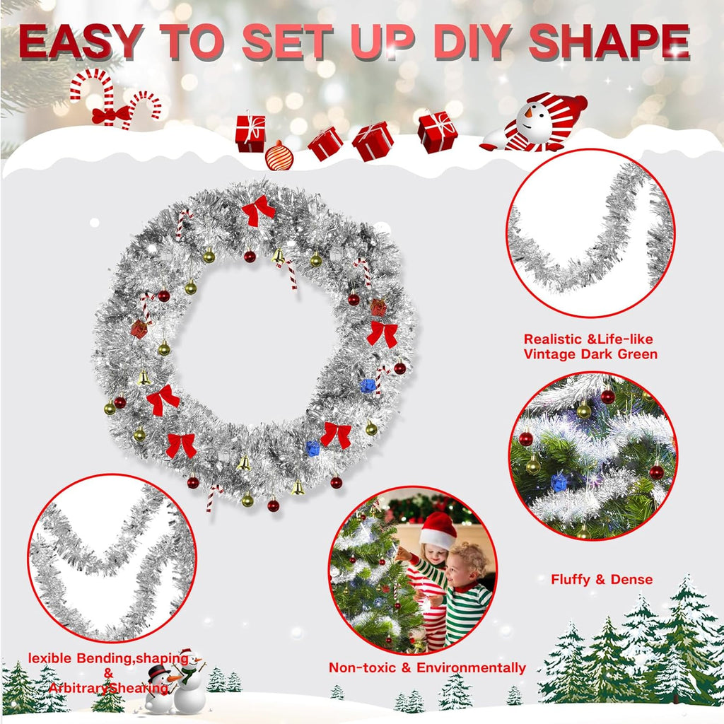 4 Pack Silver Tinsel Garland - 200Ft Metallic Hanging Tinsel for Christmas Tree, Home & Party Decorations Indoor/Outdoor