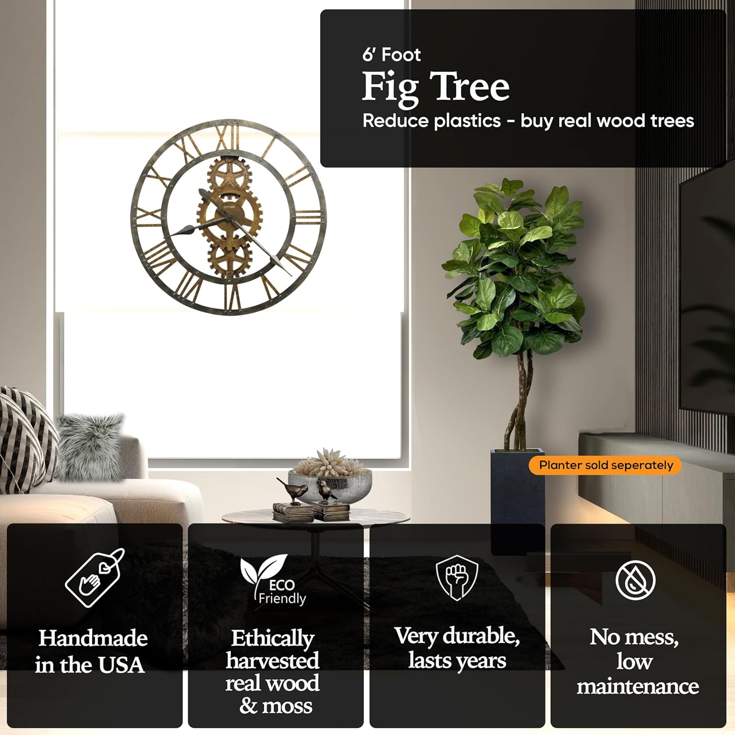 Cypress & Alabaster Handmade 6ft Fiddle Leaf Fig Ficus Lyrata Artificial Tree with Ethically Sourced Real Wood Trunks, Hypoallergenic, 6-Foot, Green