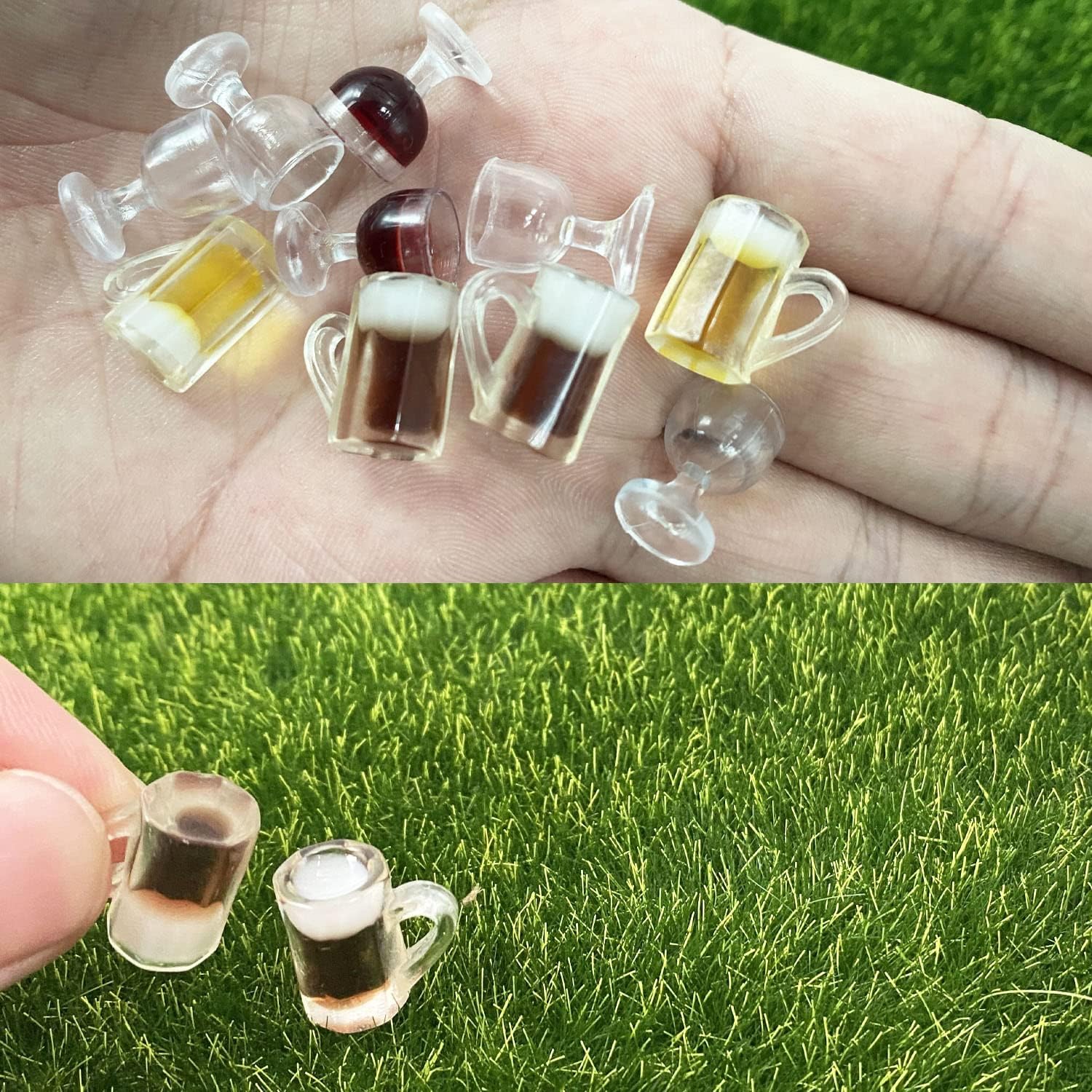 Cayway Miniature Drink Set - 8 PCS Accessories, 1 PCS Wooden Beer Barrel, White & Beer Glasses for Fairy Garden Pub Bar Decoration