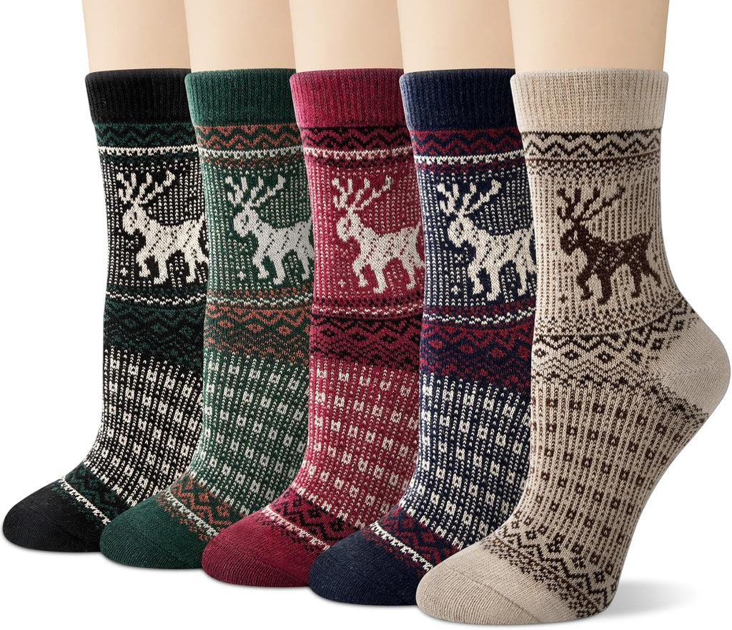 Justay 5 Pairs Wool Socks for Women - Winter Thick Boot Cozy Crew Vintage Soft Calf Knit Warm Socks Gifts