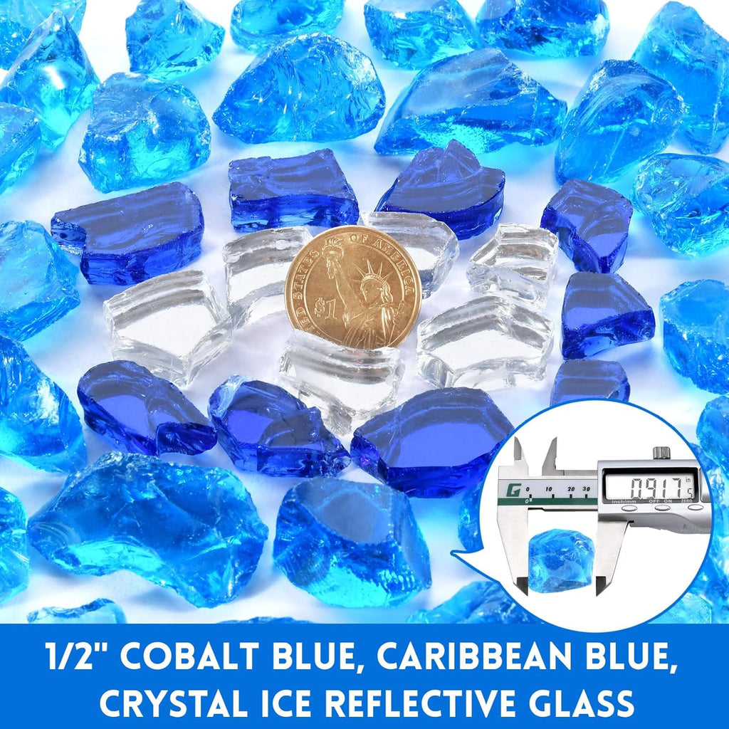 GasSaf 1/2 Inch Fire Glass Reflective Tempered Fireglass Cut Crushed FireGlass for Fire Pit, Fireplace, Replaces Existing Gas Logs(10 Pound)(Cobalt/Caribbean Blue, Crystal Ice Reflective)