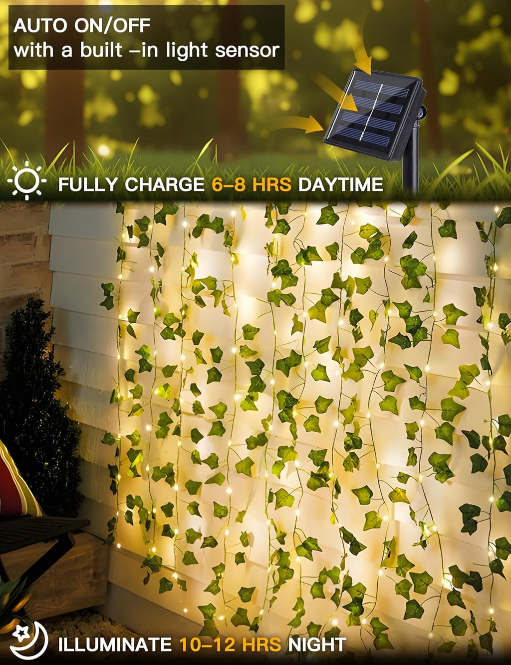 suddus Solar Ivy String Lights Outdoor Waterproof, 33ft 100 LED Fake Vines with Lights, Artificial Greenery Leaf Fairy Light for Privacy Fence, Wall, Patio, Garden, Balcony Decor (Warm White)