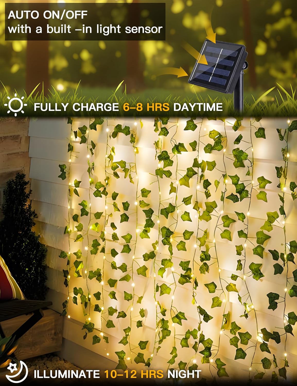 suddus Solar Ivy String Lights Outdoor Waterproof, 33ft 100 LED Fake Vines with Lights, Artificial Greenery Leaf Fairy Light for Privacy Fence, Wall, Patio, Garden, Balcony Decor (Warm White)