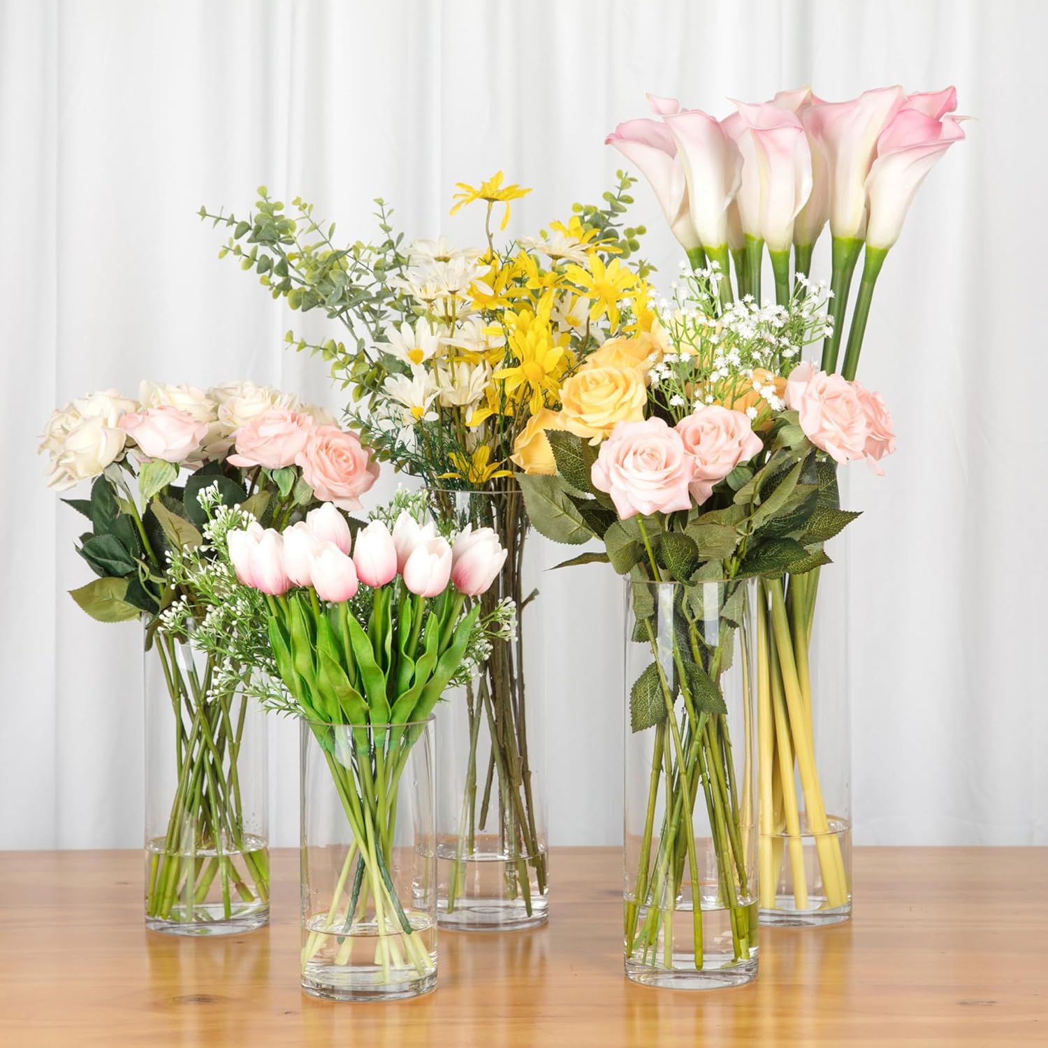 WGVI Quality Thick Weighted Tall Clear Cylinder Glass Vases, 4" W x 16" H, Flower Arrangement Floating Candle Holders Wedding Centerpieces Event Floral Container Home Decor, Bulk Wholesale, 6 Pcs