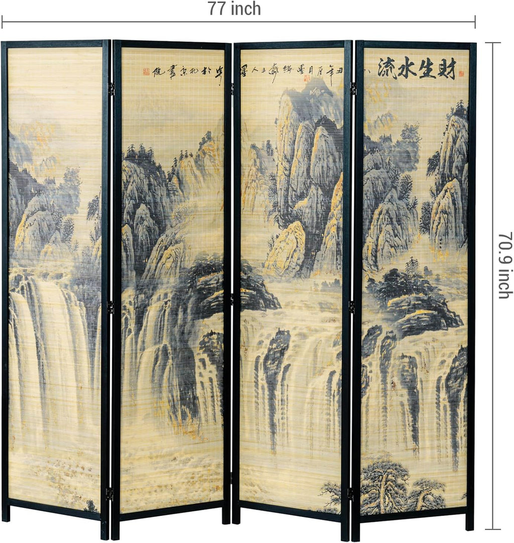 MyGift 4 Panel Folding Room Divider, 6FT Bamboo Privacy Screen with Black Wood Frame, Ancient Asian Mountain & Waterfall Landscape Print, and Brushed Prosperity Calligraphy Design 77''W x 70.9''H