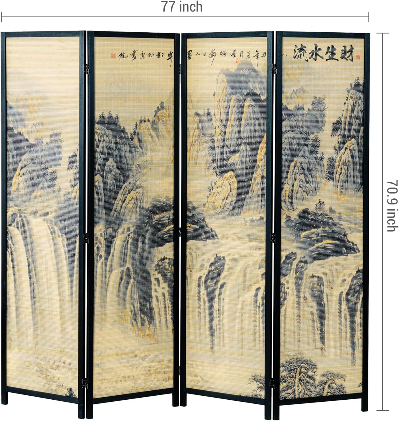 MyGift 4 Panel Folding Room Divider, 6FT Bamboo Privacy Screen with Black Wood Frame, Ancient Asian Mountain & Waterfall Landscape Print, and Brushed Prosperity Calligraphy Design 77''W x 70.9''H