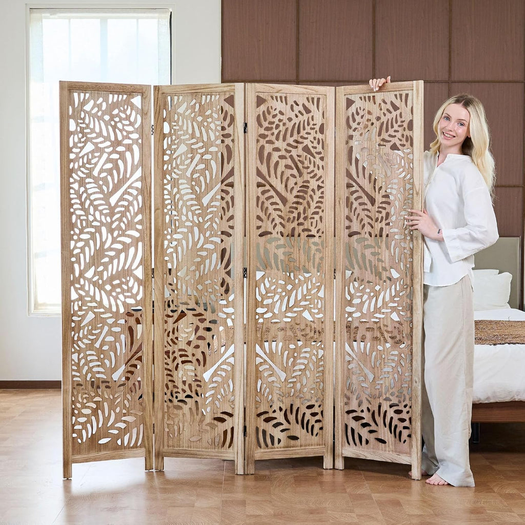 Leaf-Carved Room Divider Privacy Screen - 67 Inch Tall Foading Decorative Wood Screen Dividers Panel for Home - Natural Wood Room Partitions for Enhanced Privacy and Style Natural 4 Paned