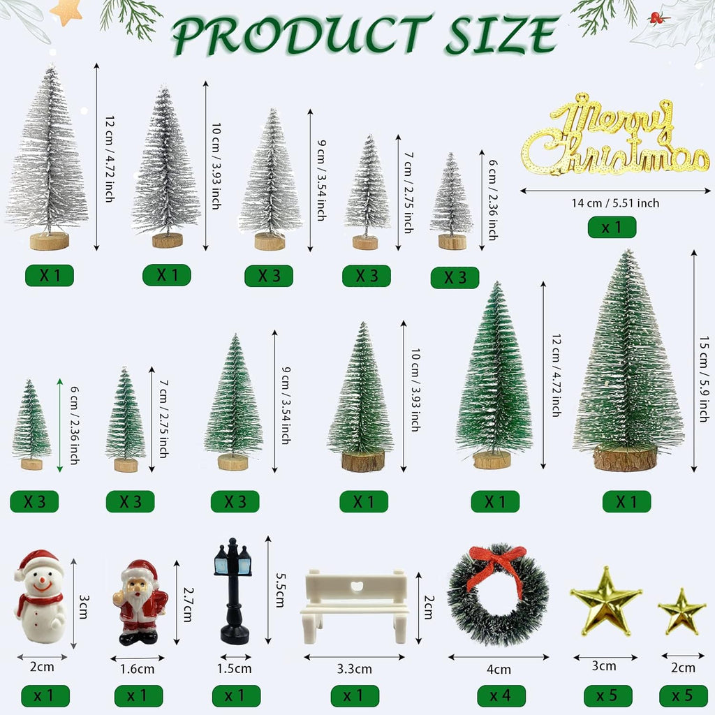 Mini Christmas Trees, Artificial Bottle Brush Trees Sisal Snow Trees with Wooden Base for Christmas Decor Christmas Party Home Table Village Craft Decorations (42 pcs kit)