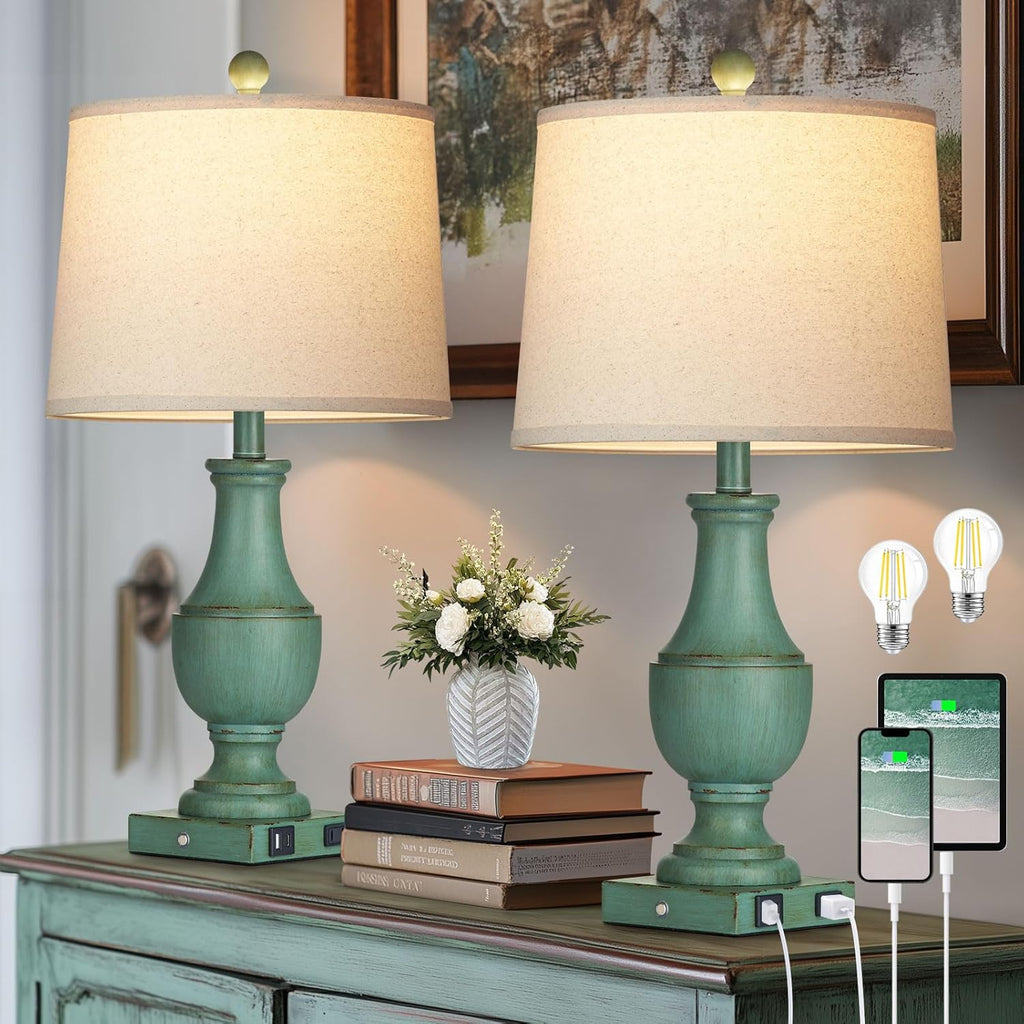 Farmhouse Table Lamp Set of 2, Rustic Touch Control 3-Way Dimmable Lamps with USB A+C Charging Ports & AC Outlet, Vintage Retro Antique Bedside Lamp for Living Room Bedrooms Nightstand Green