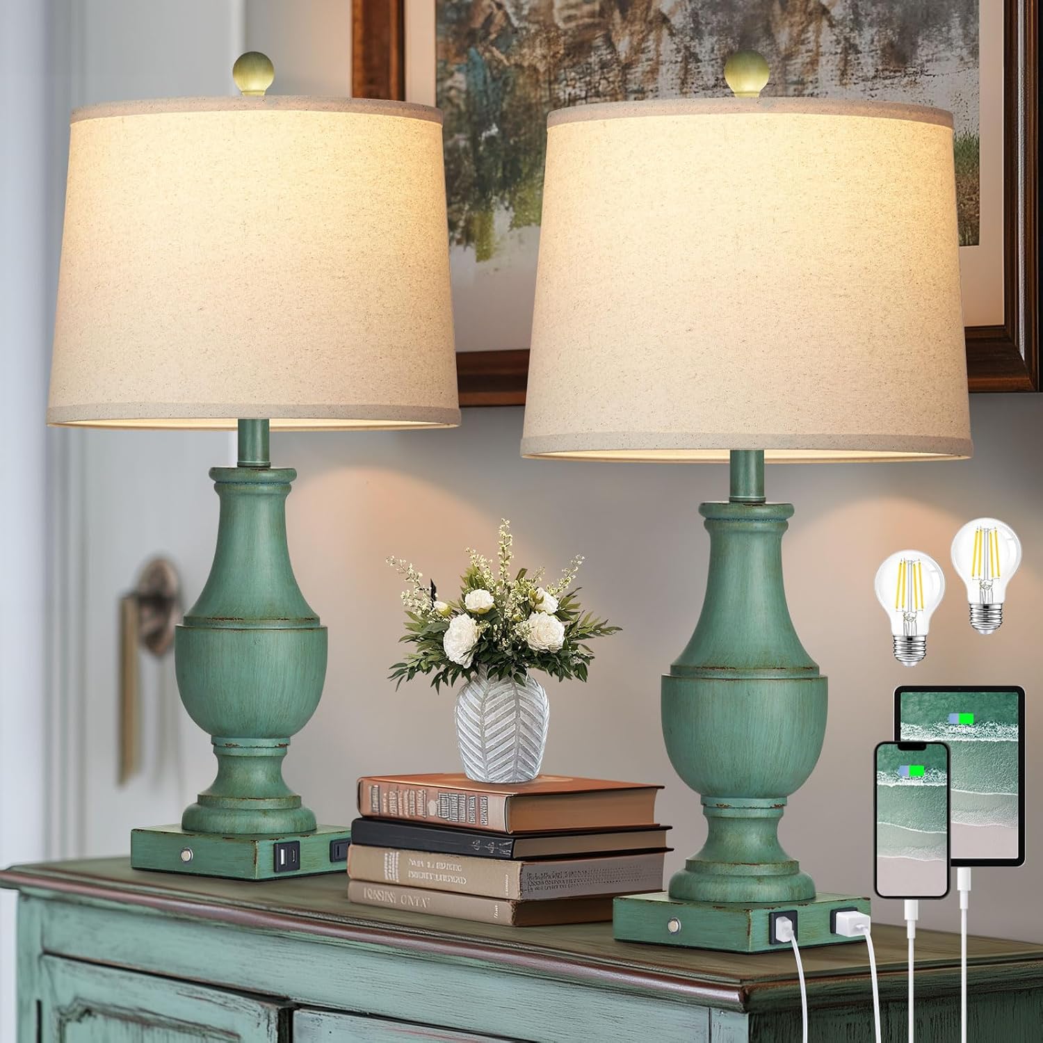 Farmhouse Table Lamp Set of 2, Rustic Touch Control 3-Way Dimmable Lamps with USB A+C Charging Ports & AC Outlet, Vintage Retro Antique Bedside Lamp for Living Room Bedrooms Nightstand Green