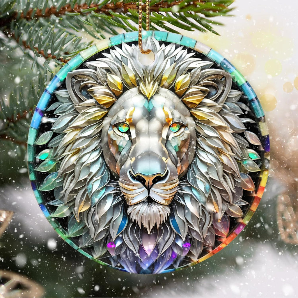 Stained Ceramic Lion Ornament - Lion Christmas Ornaments - Christmas Tree Ornaments - Christmas Decorations - Lion Decor for Office, Room, Home - Holiday Present Ideas