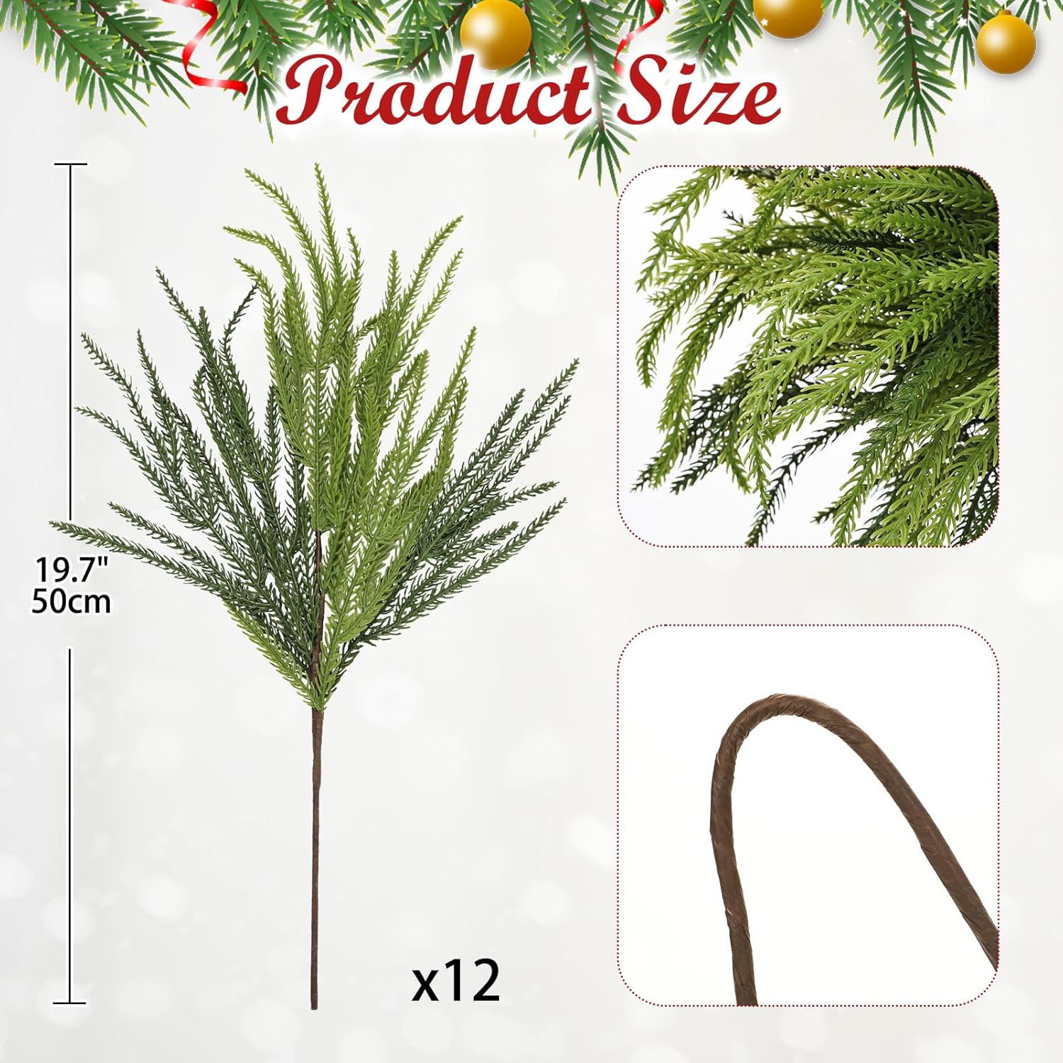 Briful Artificial Norfolk Pine Stems for Christmas Decor, 19 1/2’’ Faux Greenery Branch, Realistic Holiday Cedar Pine Picks for Vase, Garland, Mantel, DIY Floral Arrangement, Set of 12