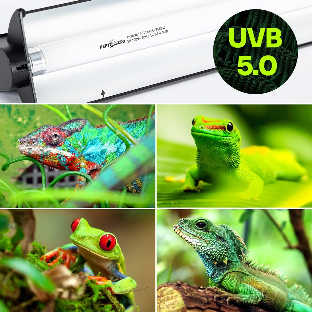 REPTI ZOO 39W Reptile T5 HO UVB Lighting Combo Kit, 34" Light Fixture Reptile Terrarium Hood, with Detachable Curved Reflector and 5.0 UVB T5 Lamp Bulb, ETL certificated