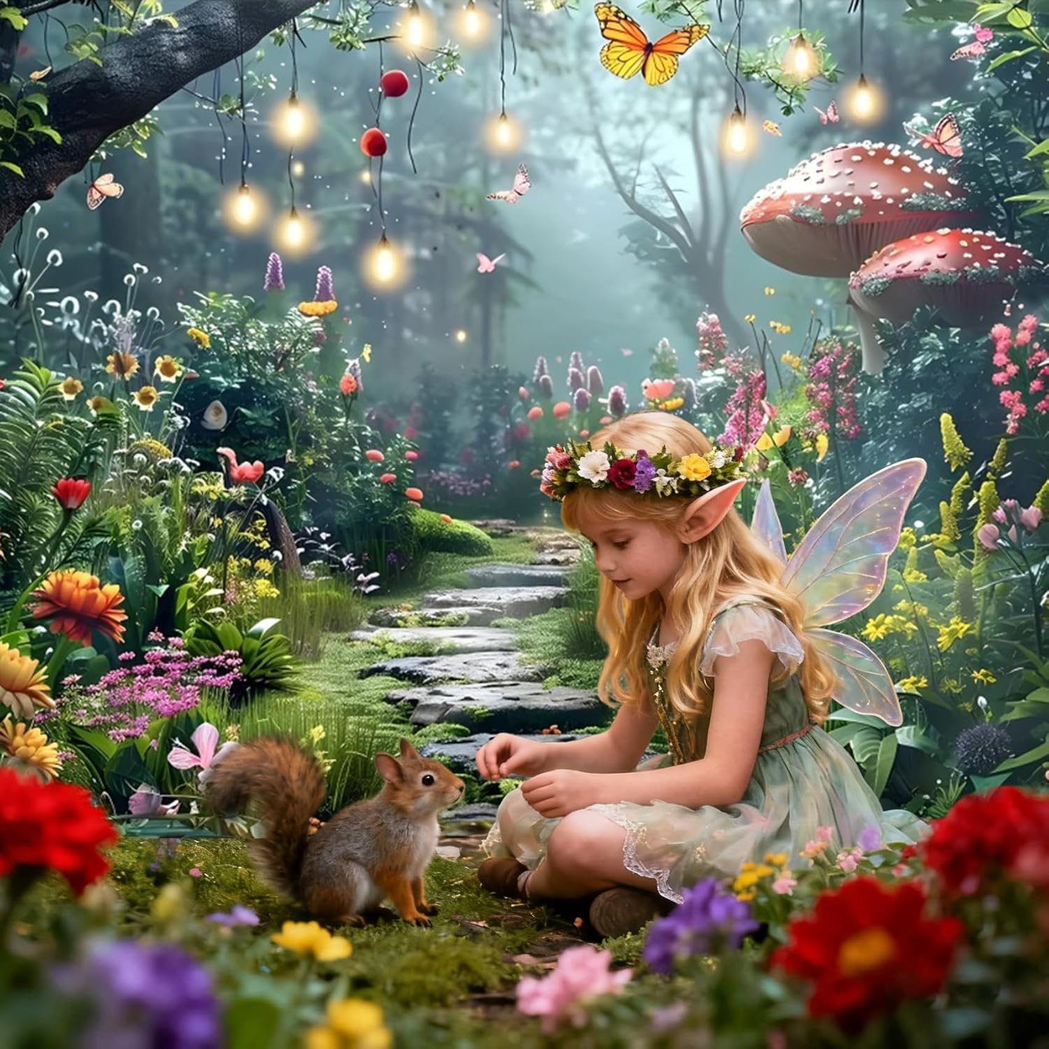 AOFOTO Rainforest Backdrop Colorful Forest Phtography Backdrop Flower Mushroom Butterfly Plants Quiet Path Fairytale Background Photoshoot Background Photo Booth Prop 7x5ft
