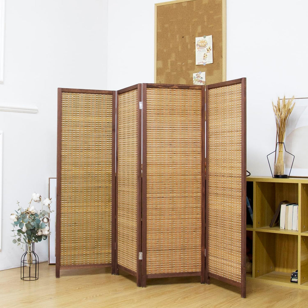 4 Panel Short Panel Divider Screen,3.95 FT Tall Bamboo Room Divider Folding Privacy Screen,Short Panel Divider Freestanding Room Divider for Room Seperation,Brown