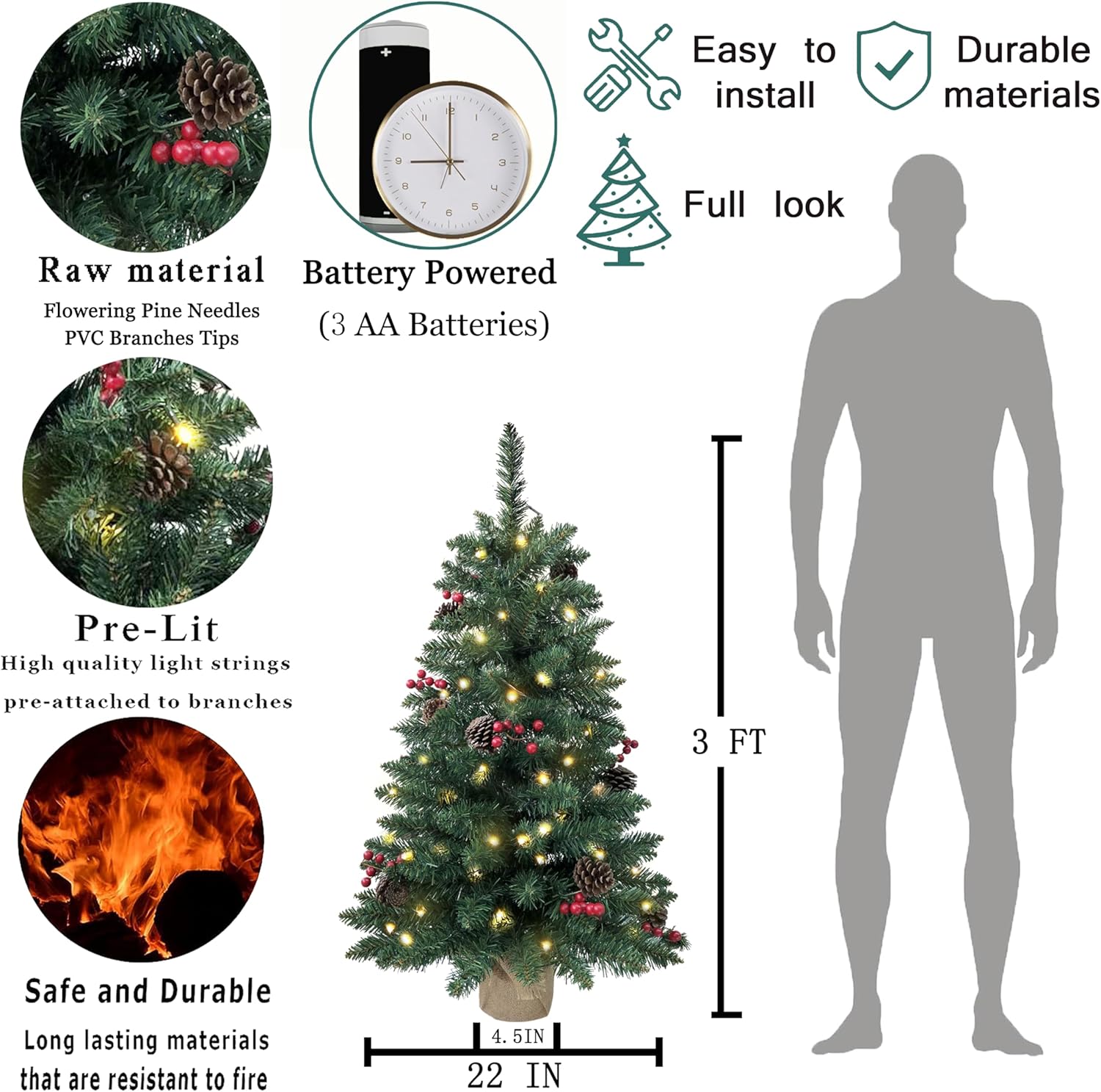 3ft Pre-lit Mini Christmas Tree,Artificial Pine 121 PVC Branches Tips with 11 Red Berries & 11 Pinecone & 70 LED String Lights & Burlap Wrapped Base Decor Xmas Tree for Tabletop,Battery Operated