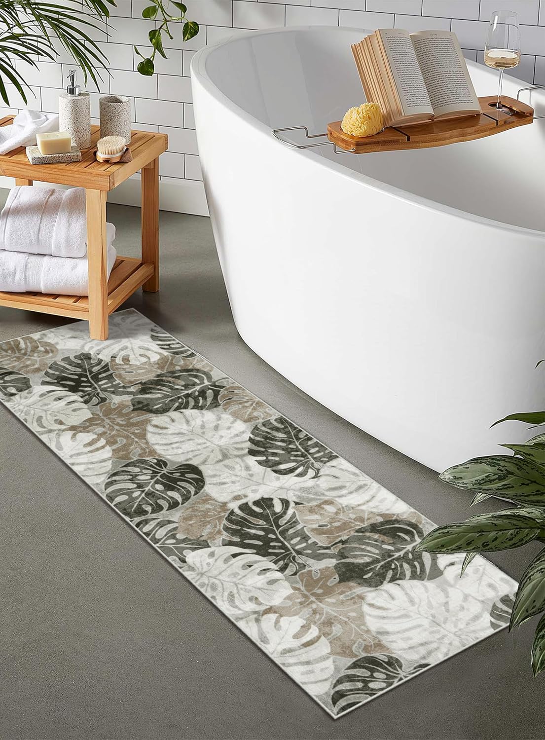 Wonnitar 2x6 Washable Runner Rug, Monstera Non-Slip Runner Rugs for Hallway Leaf Laundry Room Mat, Tropical Soft Low Pile Entryway Indoor Carpet for Kitchen Bathroom Decor, Khaki