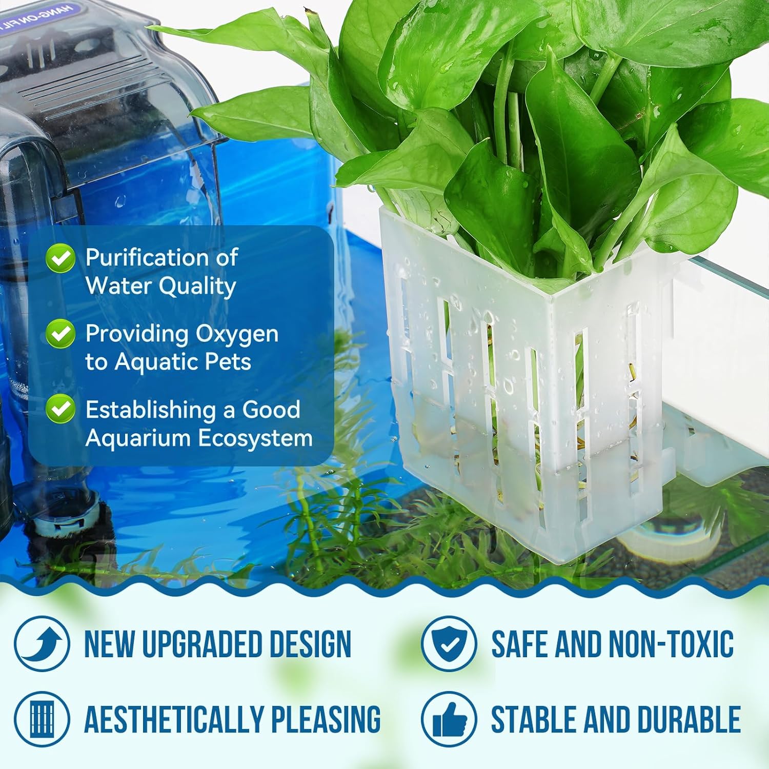 Borlech Upgraded Large Aquarium Plant Holder with Hooks and Suction Cups for Fish Tank Aquaponic Plant Cultivation and Aquascape Decorations (Semitransparent)