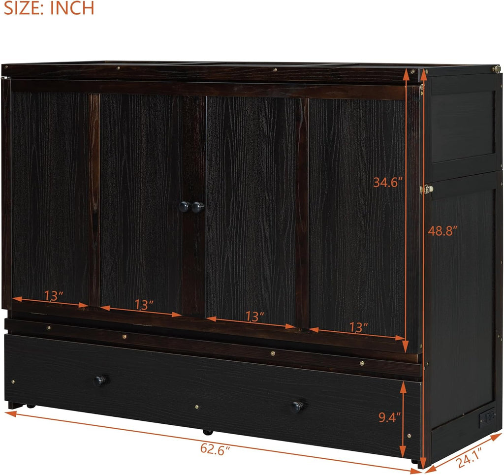 Harper & Bright Designs Queen Murphy Bed with USB Charging Station and Large Drawer, Wooden Queen Size Bed Wall Bed with Storage, Cube Cabinet Bed for Home Office Guest Room Bedroom,Espresso