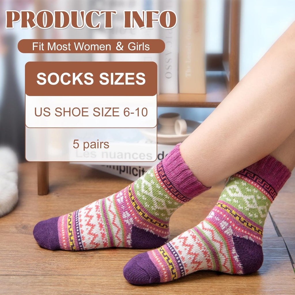 Justay 5 Pairs Wool Socks for Women - Winter Thick Boot Cozy Crew Vintage Soft Calf Knit Warm Socks Gifts