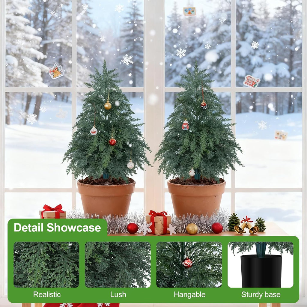 2Pack Artificial Topiary Trees, 2FT Faux Cypress, Faux Evergreen Pine Shrubs Plants with Pot, Potted Plants for Front Porch Indoor Outdoor Garden Christmas Decor