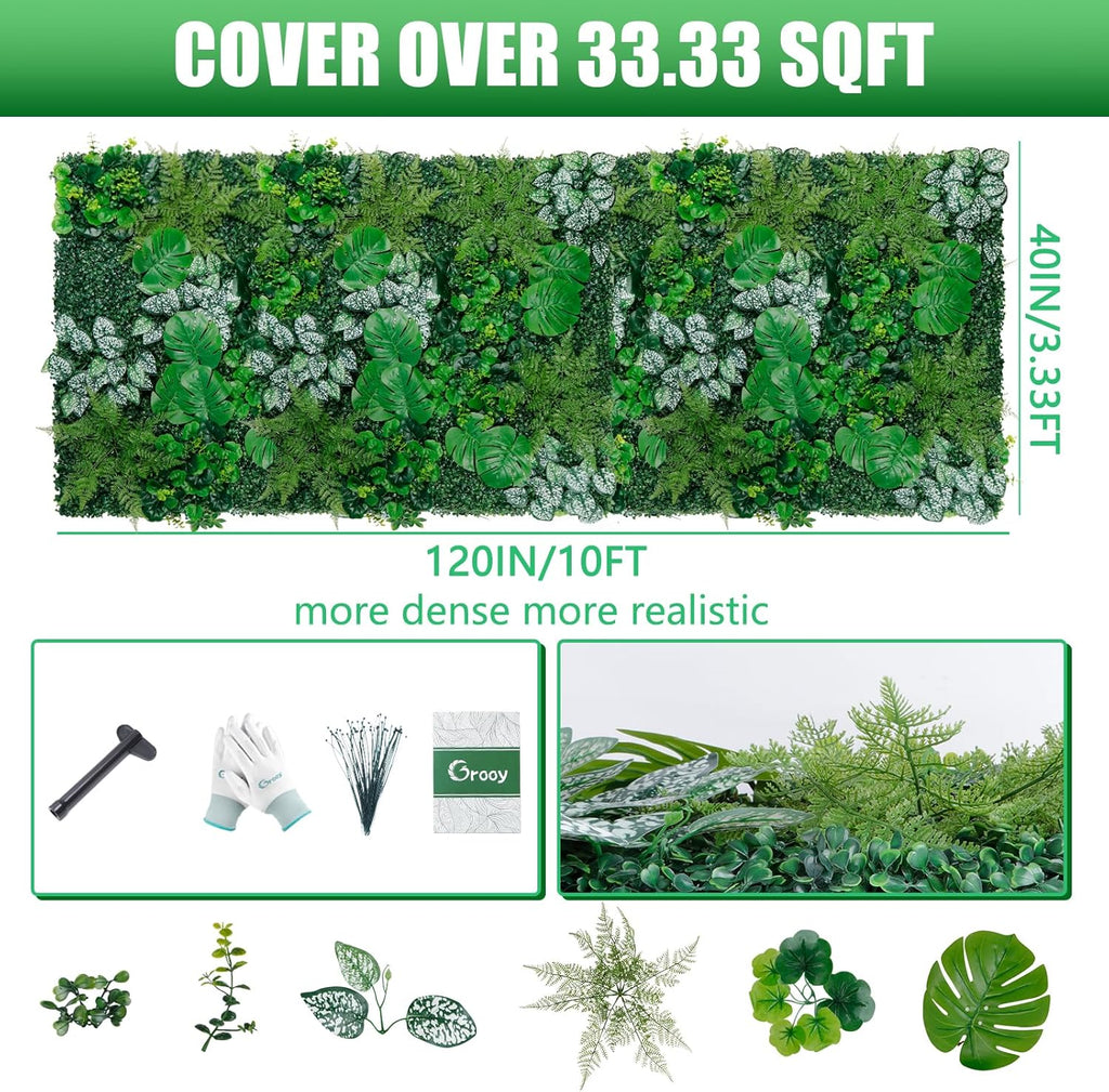 Artificial Boxwood Panels, 40"x120"(33.33 SQFT) Grass Wall Panels with Monstera Leaves,Privacy Hedge Fence Screen with UV Protection,Fake Greenery Backdrop for Indoor Wedding
