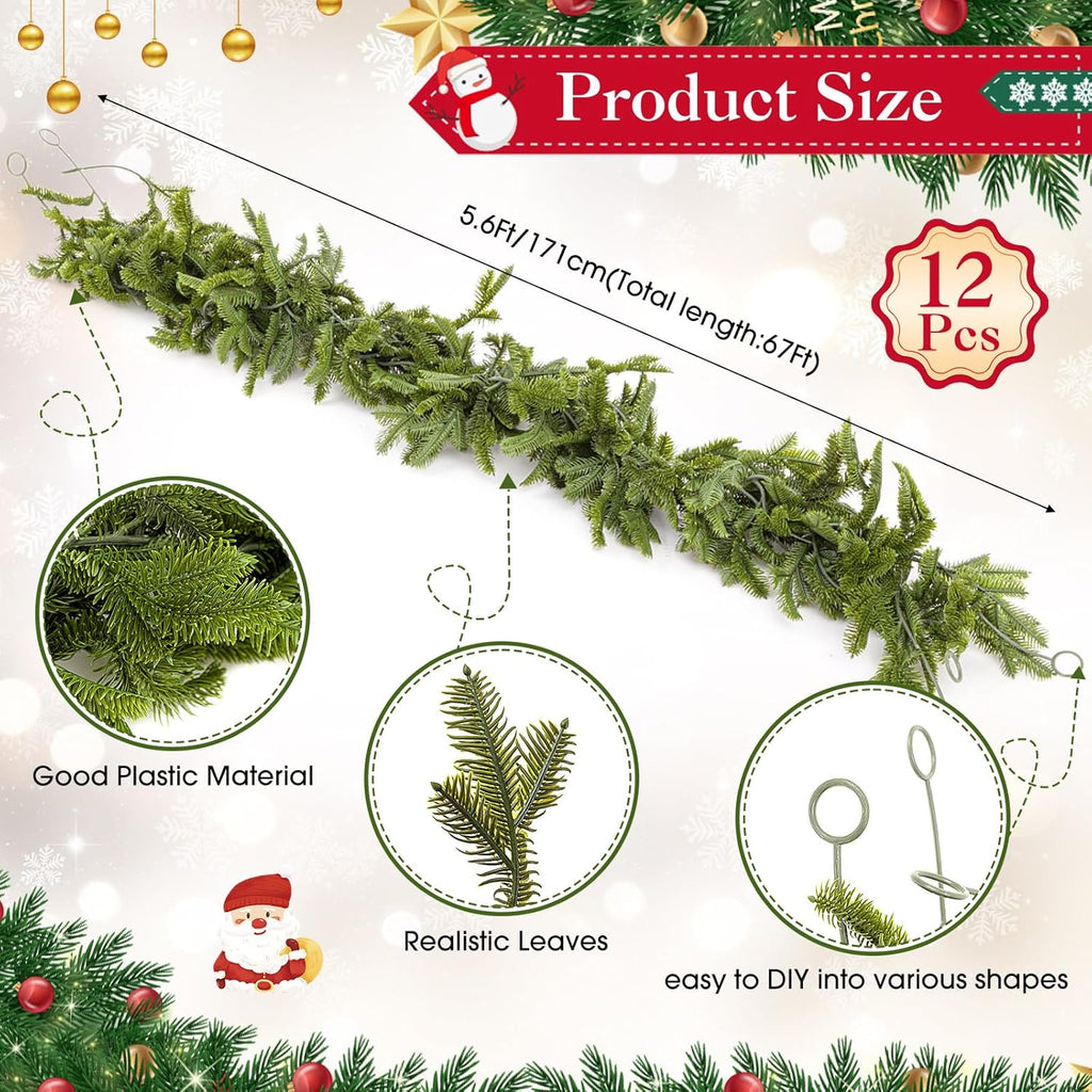12 Pcs 5.6ft Artificial Christmas Faux Garland Norfolk Pine Garlands Realistic Leaves Hanging Greenery Plant for Christmas Table Fireplace Wall Mantle Indoor Xmas Decor