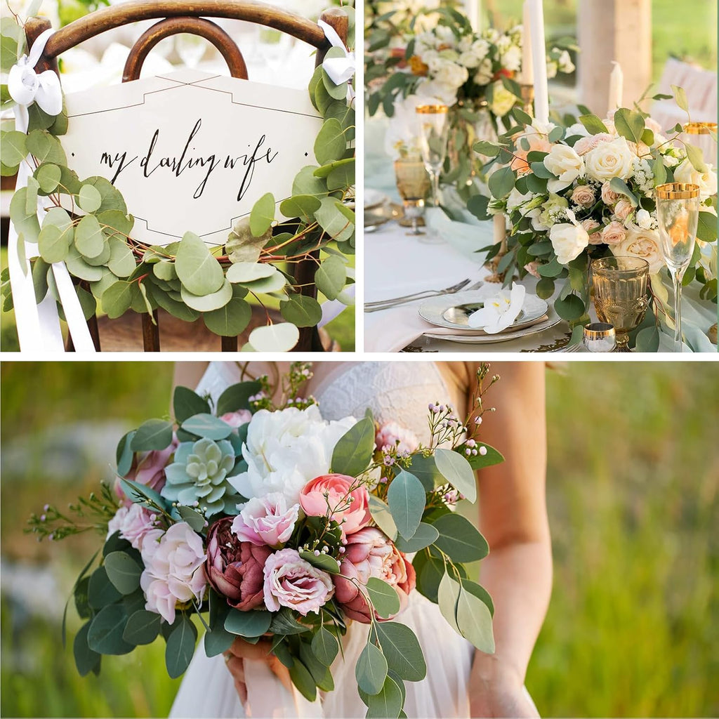 60 Pcs 5 Kinds Artificial Eucalyptus Stems and Faux Flowers, Mixed Fake Greenery Stems Leaves Bulk, Silver Dollar Eucalyptus Greenery Stems for Wedding Decor Vase Floral Arrangement Centerpiece