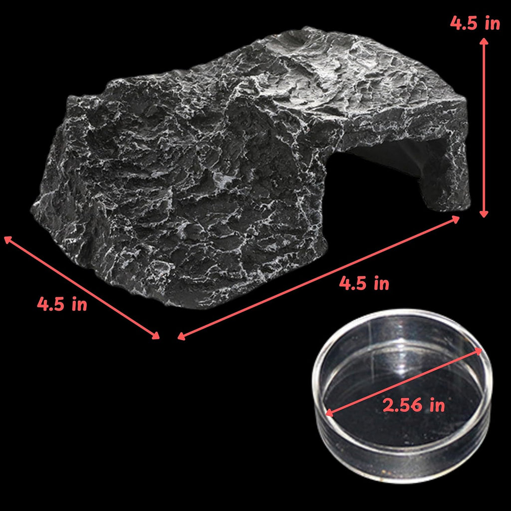 Axolotl Hide with Fish Feeding Dish Set, Axolotl Hideout for Aquariums, Bowl and Aquarium Hides for Axolotls Reptile Tortoise Fish, Hides for Tank, Turtle Tanks Decorations (Rock, M)
