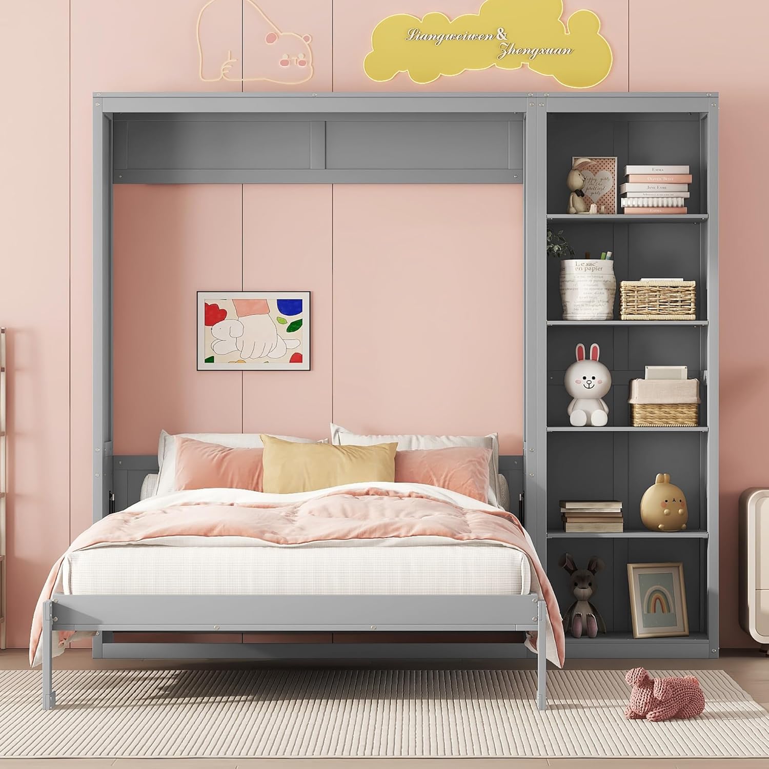MERITLINE Full Murphy Bed with Storage Bookcase Shelves,Wood Folding Grey Murphy Wall Bed Cabinet
