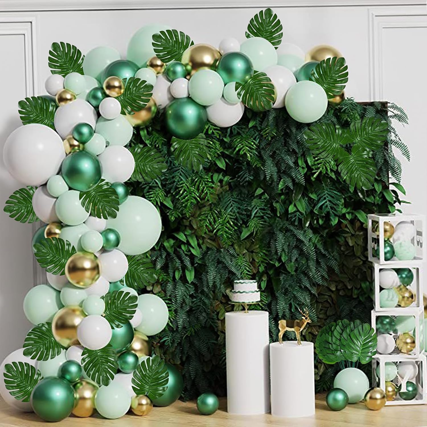 XONOR 100Pcs Artificial Monstera Leaves Fake Tropical Faux Palm Leaves with Stem for Jungle Hawaiian Dinosaur Luau Party Table Decoration Wedding Birthday Theme Party, Leaf Size: 7''x 5''