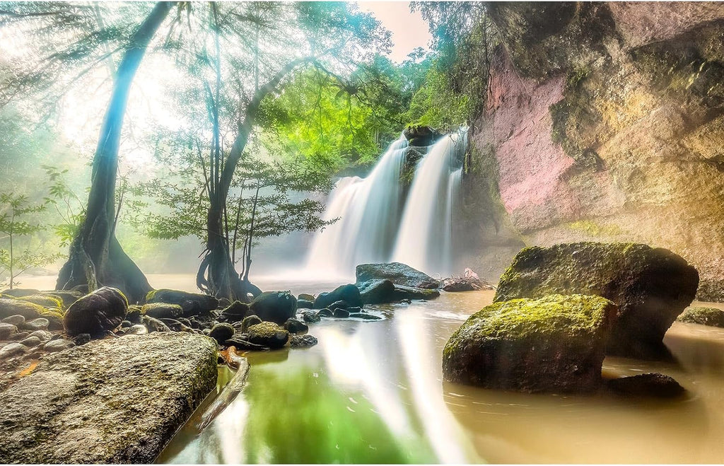 Waterfall Aquarium Background Jungle Rainforest Natural Landscape Terrarium Background Jungle Style Tranquil Stream Fish Tank Background Fall Forest Sunbeams Reptile Background Vinyl 30x18in