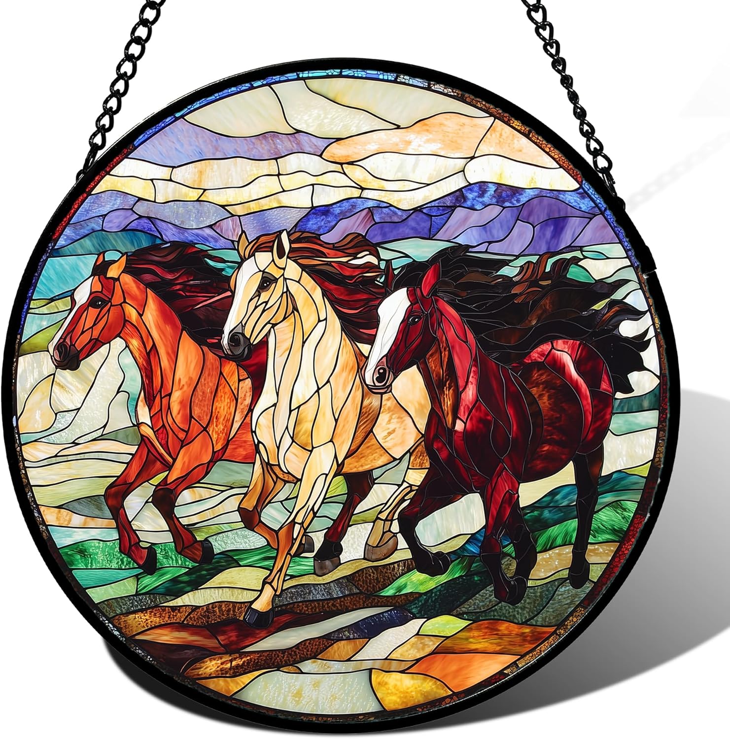 Stained Glass Window Hanging, Galloping Horses Sun Catcher for Door Home Decor Colorful Suncatcher Christmas Mother's Day Birthday Gifts for Women Men Mom and Nana 9.8 in