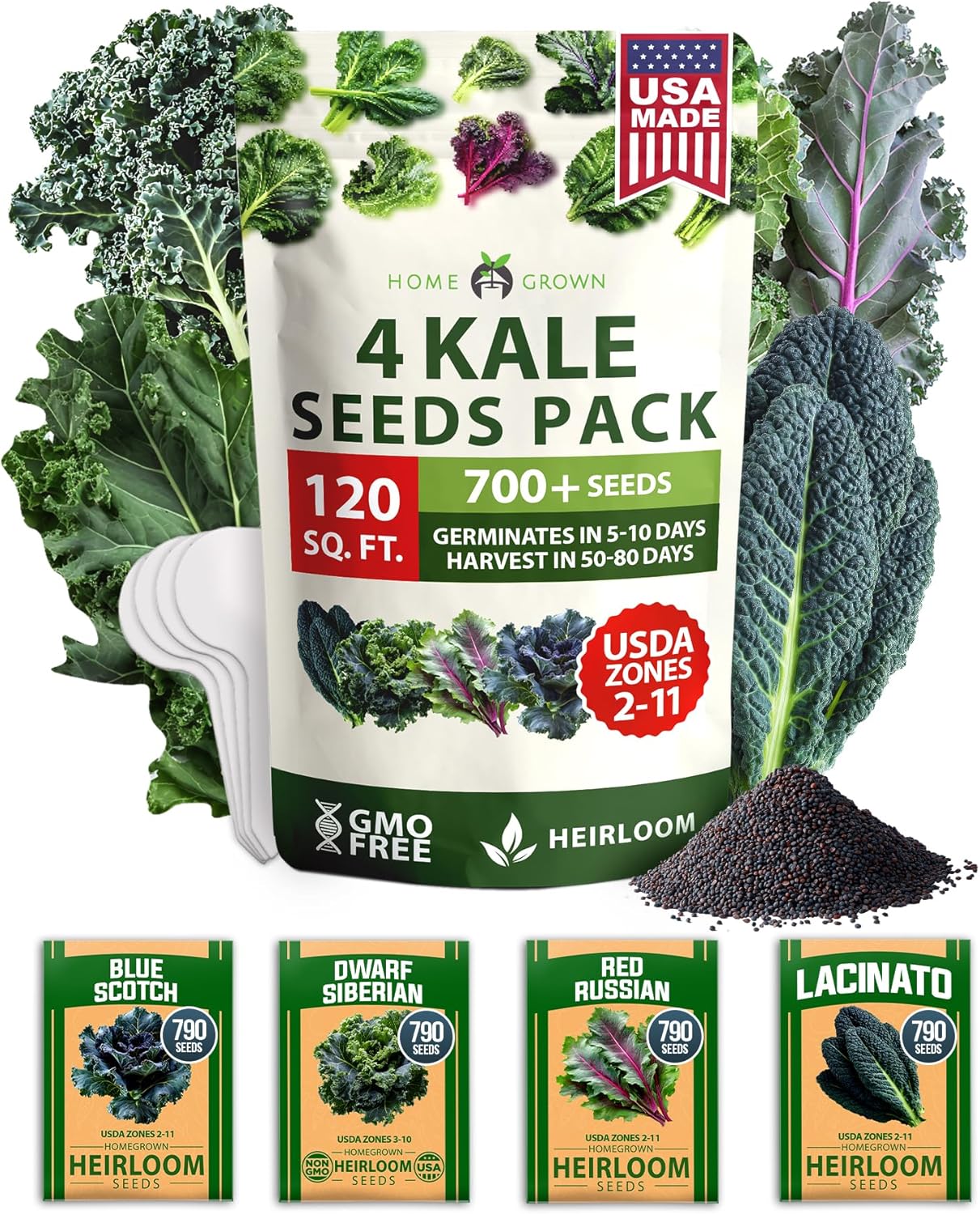 HOME GROWN Heirloom Vegetable Seeds Vegetable Seeds for Planting Home Garden, Beans, Carrots, Peppers, Cucumber, Kale, Pepper Seeds, Tomato (4 Kale)