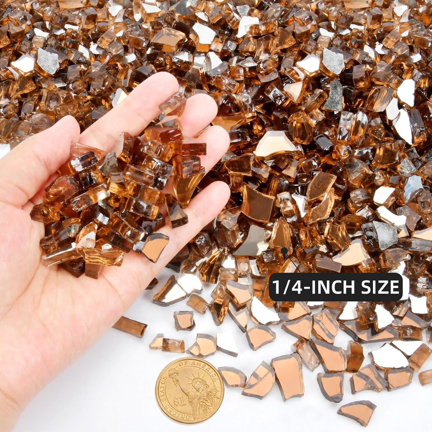 GasSaf 1/4 Inch Fire Glass Reflective Tempered Fireglass Cut Crushed FireGlass for Fire Pit, Fireplace, Replaces Existing Gas Logs & Lava Rocks (10 Pound)(Amber Reflective)