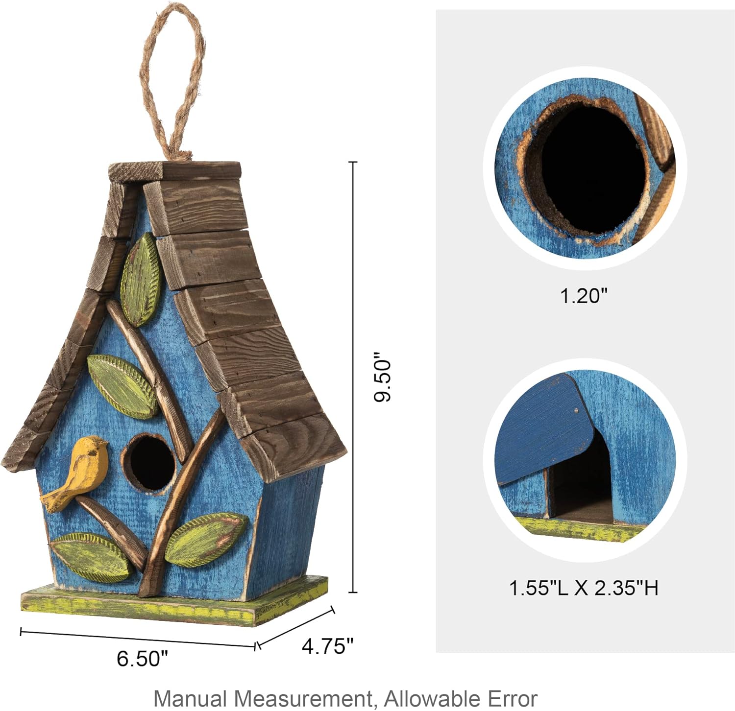 Glitzhome 9.5" H Hanging Bird House for Outdoor Patio Garden Decorative Pet Cottage Distressed Wooden Birdhouse with Natural Wood Slatted Roof and 3D Tree,Washed Blue