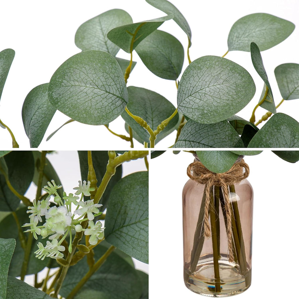 Briful Artificial Eucalyptus Stems in Teal Glass Vase with Faux Water, 14" Fake Plant Eucalyptus Leaves for Home Farmhouse Wedding Centerpiece Bathroom Décor