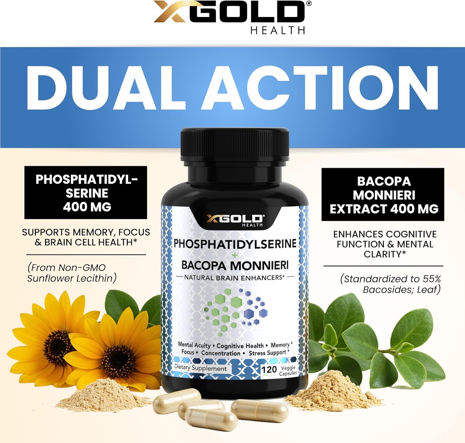 PhosphatidylSerine & Bacopa Monnieri 800 mg 2 in 1 Supplement - Natural Brain Enhancer/Nootropic for Enhanced Focus and Concentration, Memory Support, & Cognitive Function - 120 Vegetarian Capsules