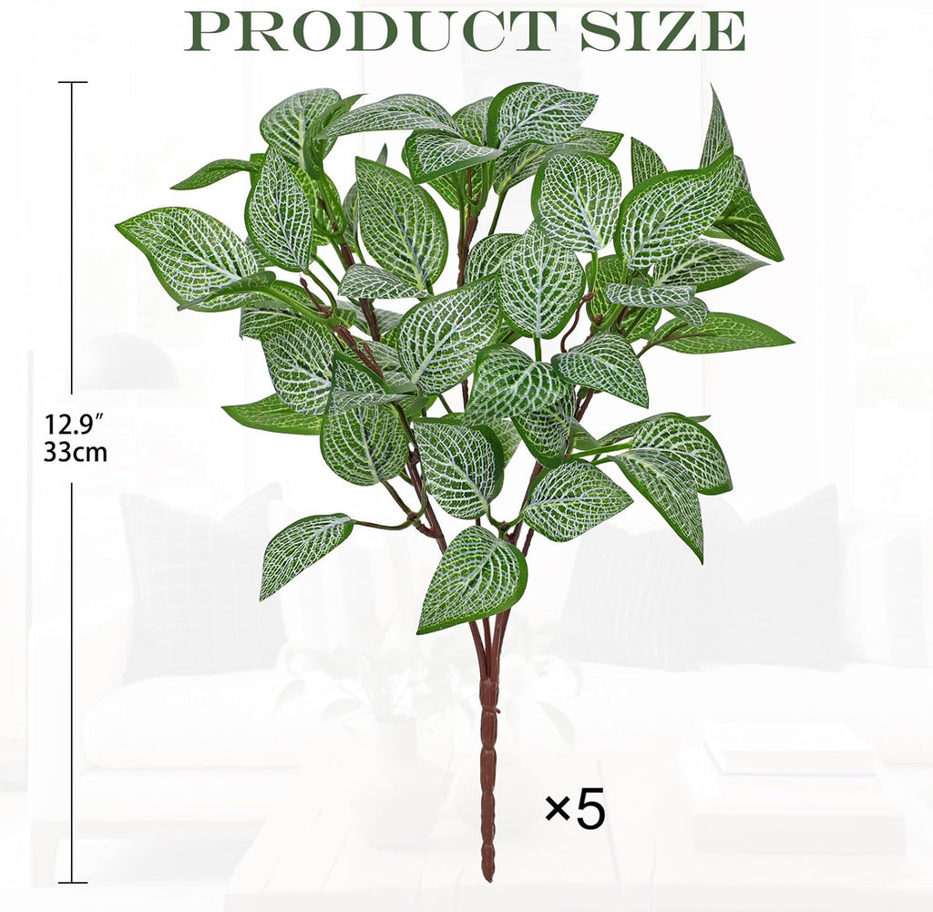 Hollyone 5 Bundles Artificial Greenery Plants Stems Faux Fittonia Leaves Plant Bouquet Fillers for Arrangement, Fake Shrub Bushes Plants for Home Centerpiece Indoor Outdoor Garden Patio Porch