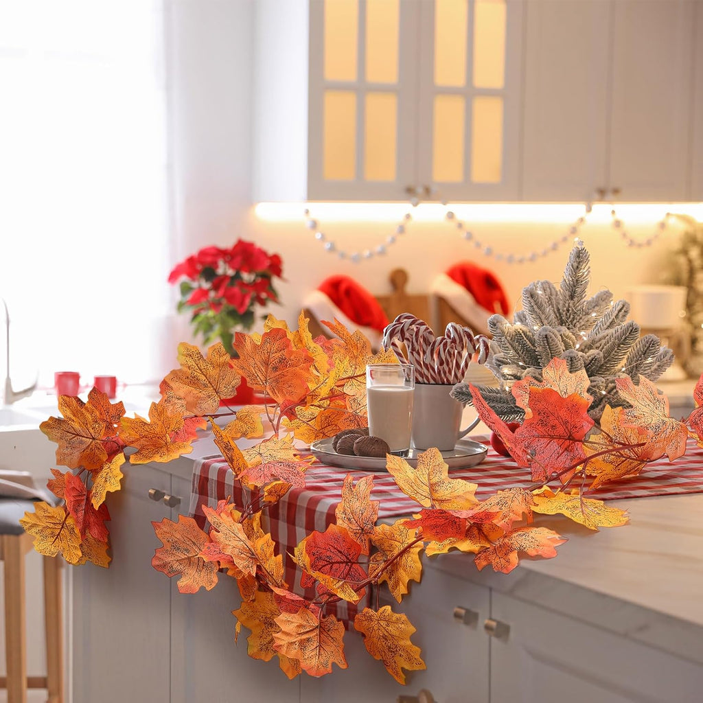 Fall Leaves Garland Maple Leaf, 2 Pack Fake Hanging Vines for Bedroom Wedding Thanksgiving Christmas Decorations, Fireplace Wall Outdoor Front Porch Autumn Decor-Orange