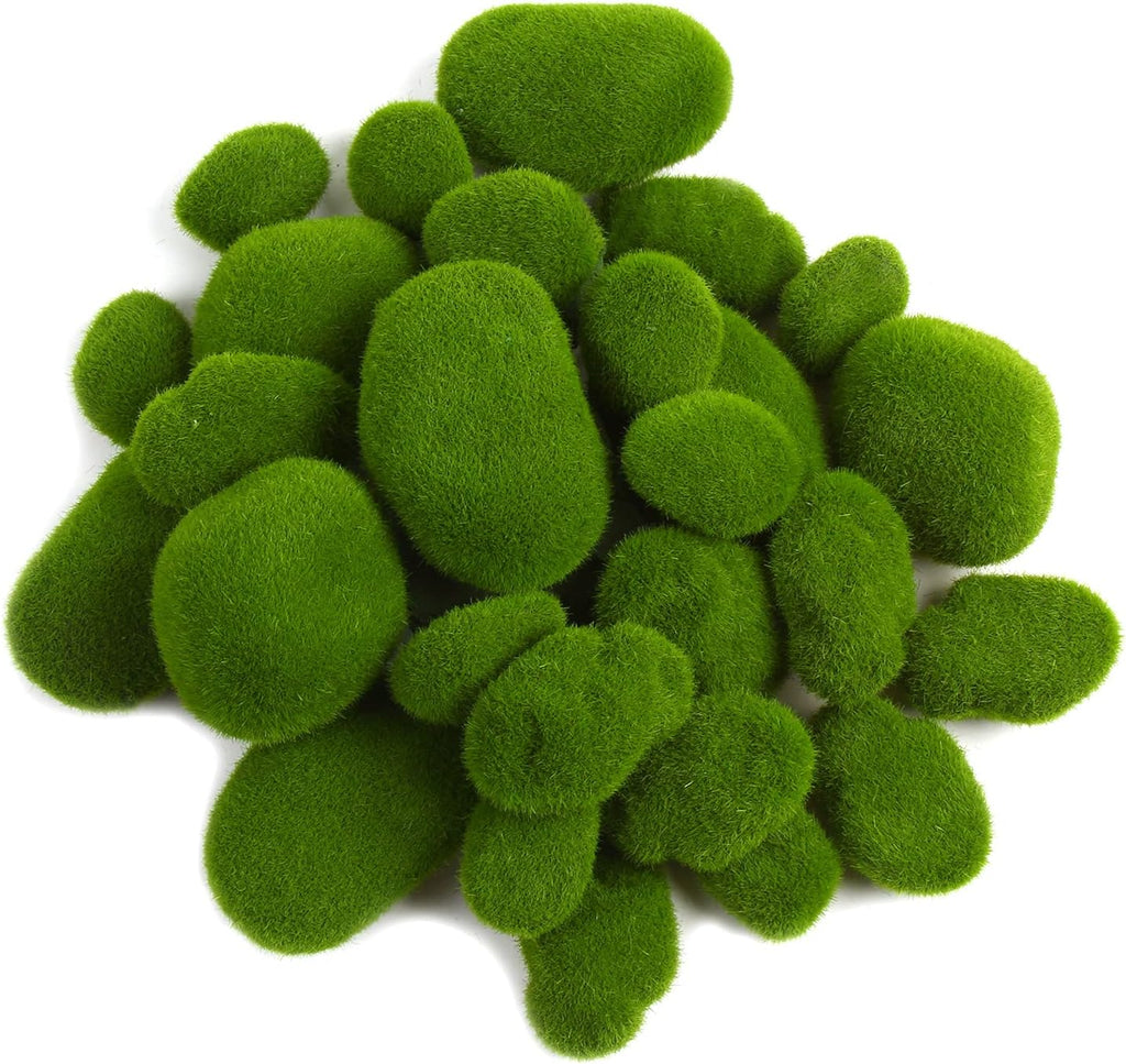 CCINEE 34pcs Artificial Moss Rocks, 5 Size Green Floral Moss Balls Moss Covered Stones Fake Moss Decor for Floral Arrangements Fairy Gardens and Crafting
